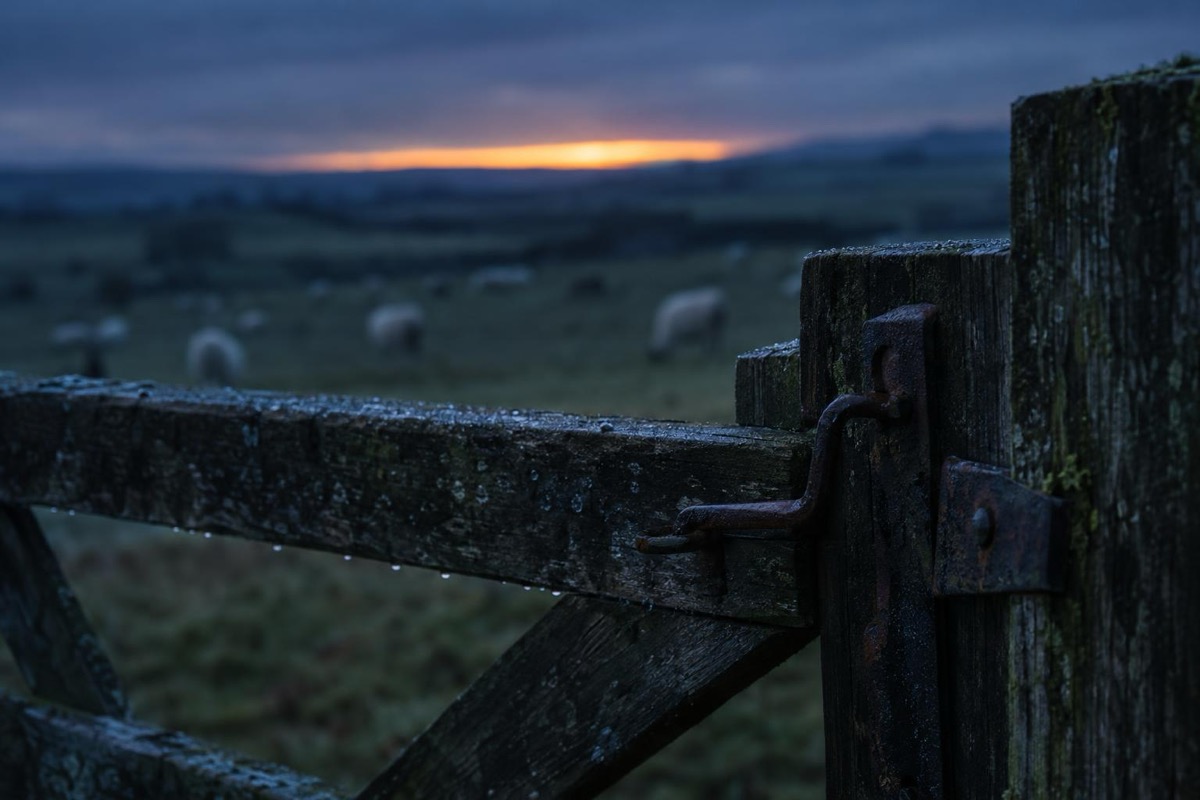 A weathered field gate and its iron latch at dusk, sheep out of focus in the field beyond