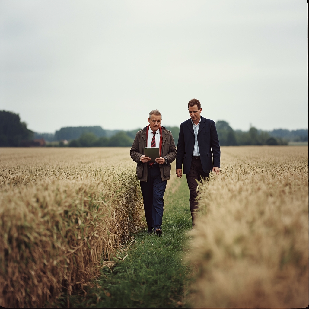 A farm consultant and a farmer walking the edge of a wheat field