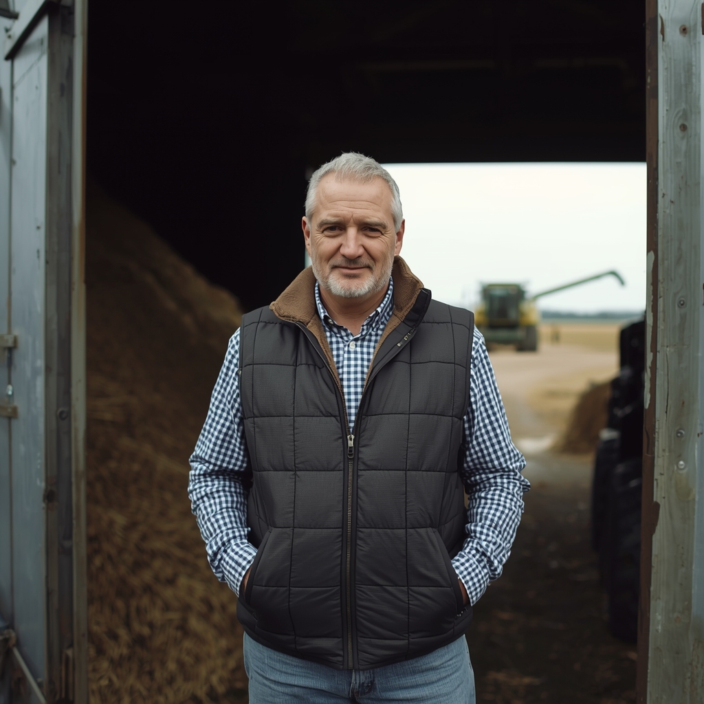 An arable farmer at the door of his grain store, the harvested field behind