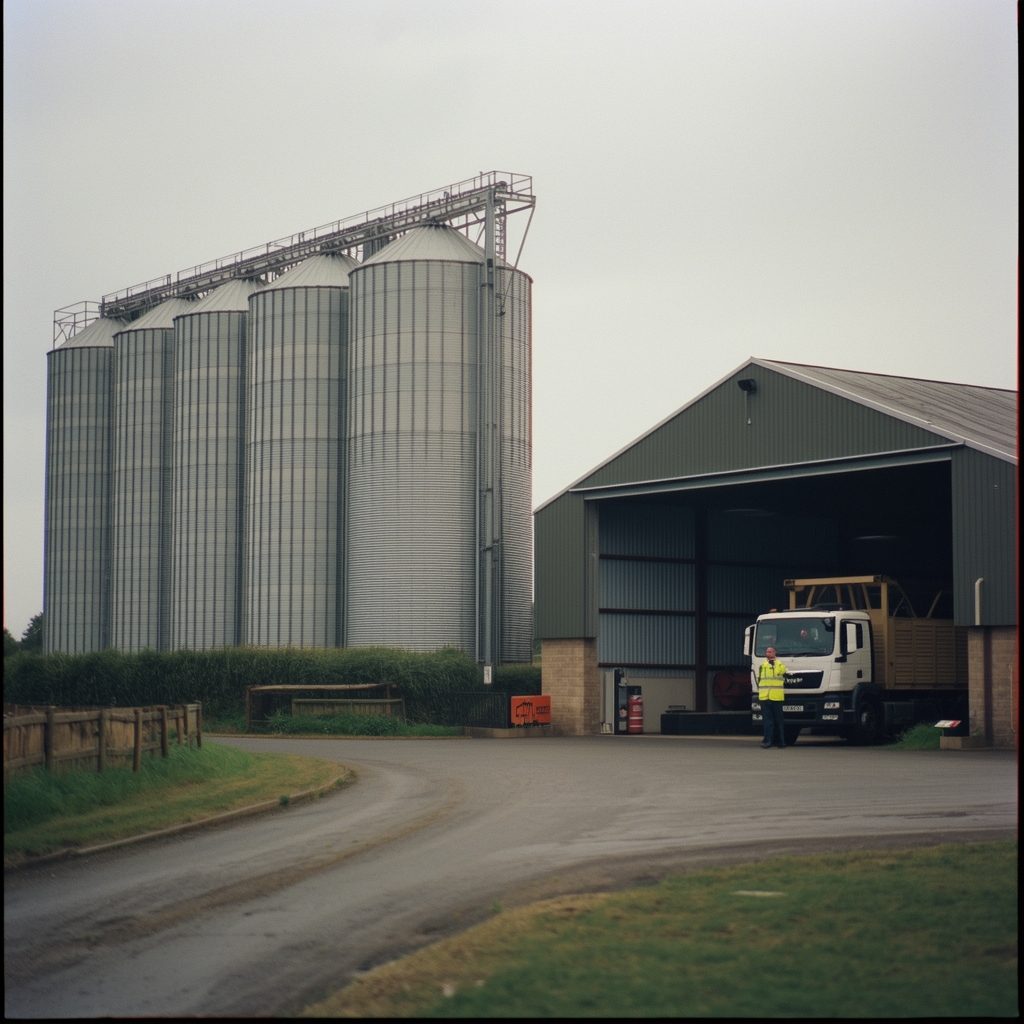 A central grain store: silos, the store shed and a lorry on the weighbridge
