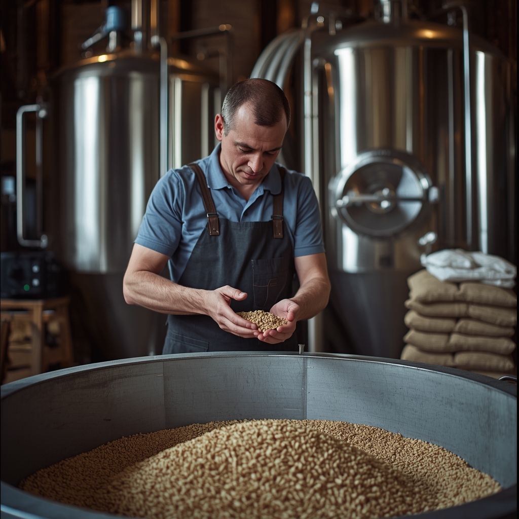 A brewer checking a handful of malting barley from the hopper