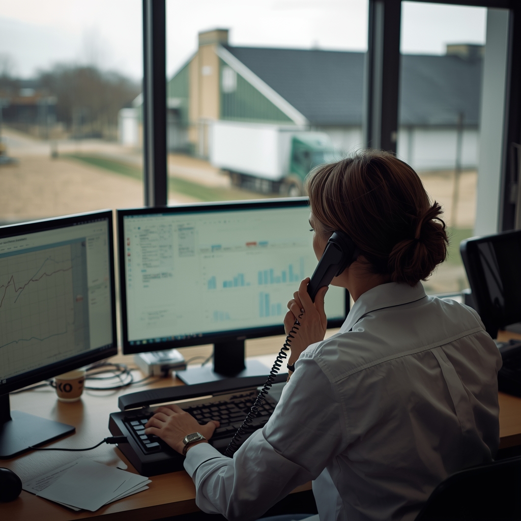 A grain trader at her desk, the yard and a lorry through the window behind