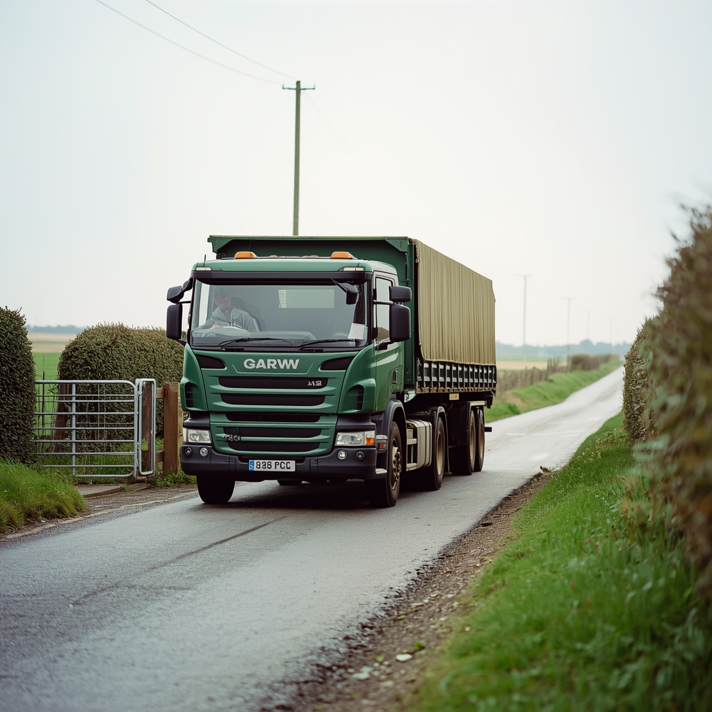 A bulk tipper lorry at a farm gate, its driver by the cab