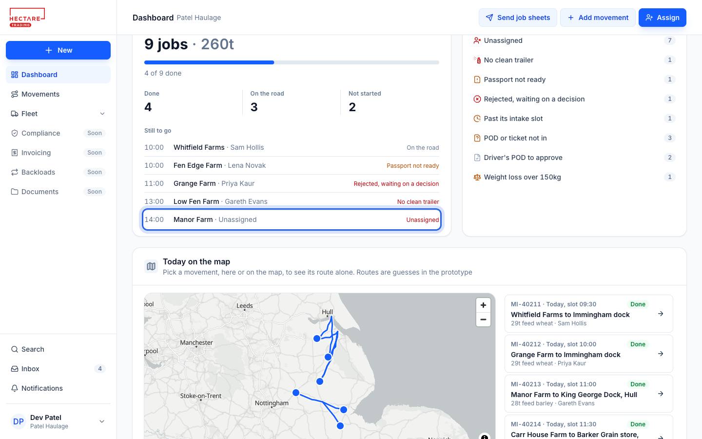 A haulier's day: today's jobs, what needs attention, and the day's routes on the map
