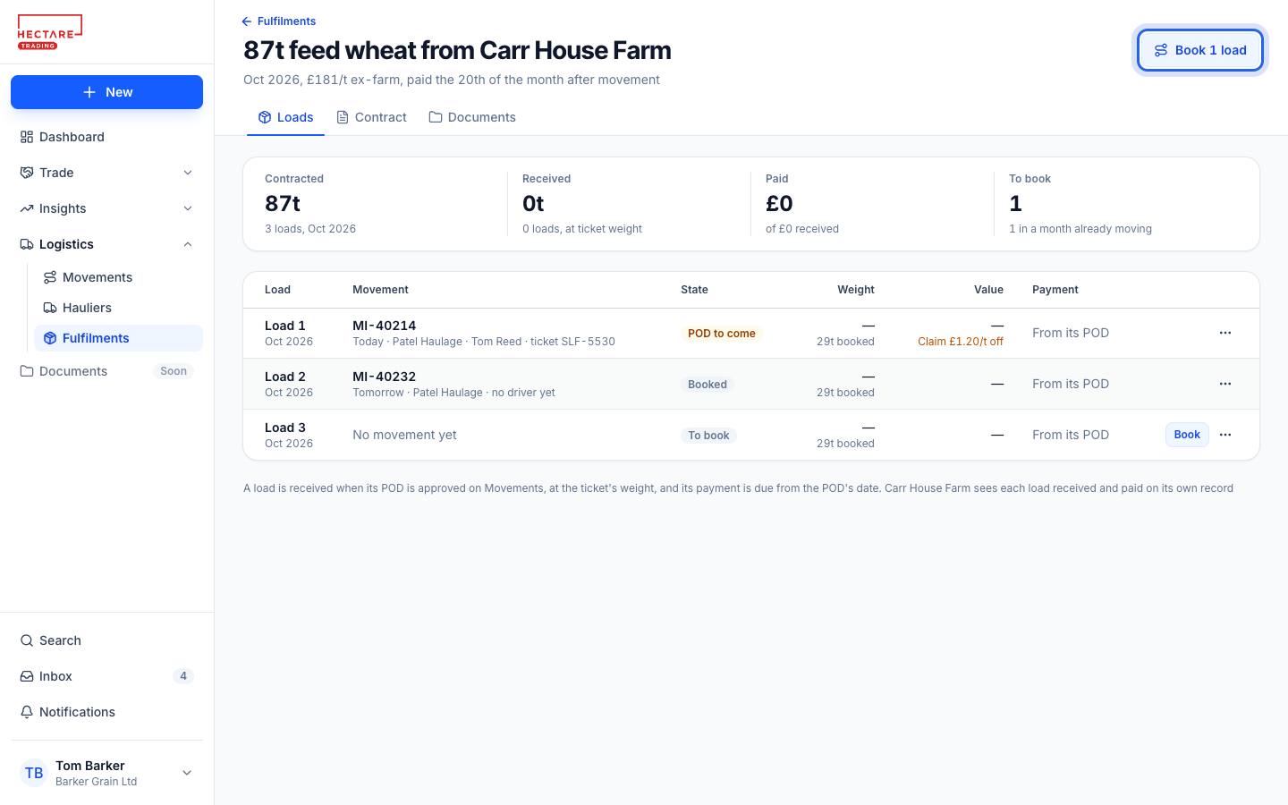A contract: 87t of feed wheat from one farm, each load as its movement stands, with its haulier, driver and ticket